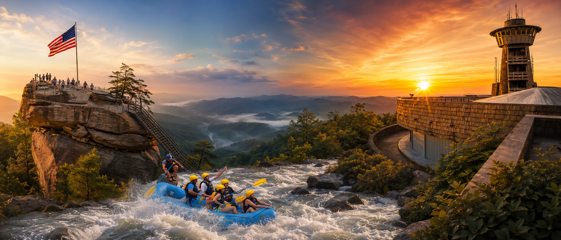 Chimney Rock, whitewater rafting and Brasstown Bald tower at sunset